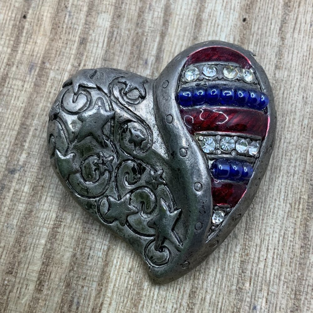 Chico's Vintage Distressed Heart Silver Tone Rhinestone Brooch Pin
